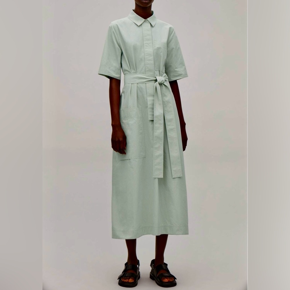 COS- LONG TIE-BELT SHIRT DRESS IN SAGE/ 8